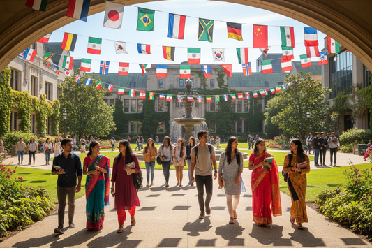 international flags, and popel navegating troyug cumpus with difernt culture